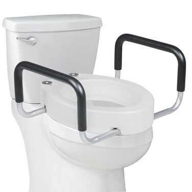 monicare Raised Toilet Seat with Padded Handles for Elongated Bowl, Oval Elevated Toilet Lift Seat Riser for Elderly, Seniors, Disabled, Handicap (White, 220 Lb Weight Capacity)