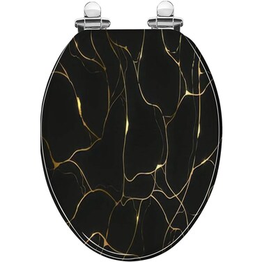Elongated Toilet Seat Gold on black Crack and broken effects Marble Resin Toilet Seat with Quietly Close Quick Release Hinges Decorative Toilet Seat with Cover Easy to Clean and Install