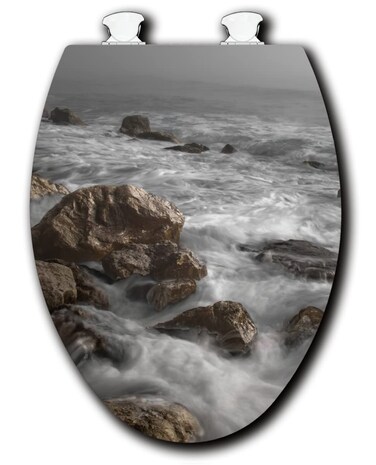 House &amp; Homebody Co. Elongated Toilet Seat, White with Coastal Image (Whispy Rocks)