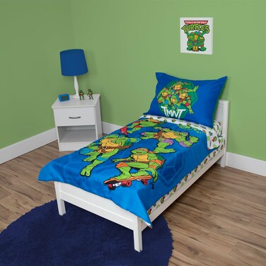 Teenage Mutant Ninja Turtles 4 Piece Toddler Bedding Set &acirc;&euro;&ldquo; Includes Comforter, Sheet Set &acirc;&euro;&ldquo; Fitted + Top Sheet + Reversible Pillowcase for Boys Bed, Blue