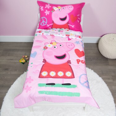 Peppa Pig Be Nice &amp; Kind 4 Piece Toddler Bedding Set - Includes Comforter, Sheet Set - Fitted and Top Sheet + Reversible Pillow Case for Girls Bed, Pink