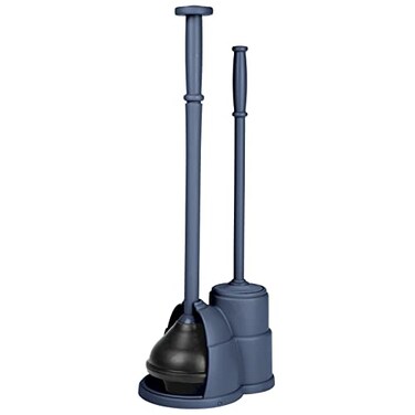mDesign Plunger and Brush Set for Toilet Bowl - Hidden, Modern Toilet Brush and Plunger Set with Caddy - Brush Cleaner and Plunger Combo with Holder for Bathroom - Hyde Collection - Navy Blue