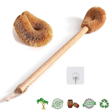 Toilet Brush, Natural Coconut Fibre Brush Head and Rubber Wood Handle, Great for Bathroom