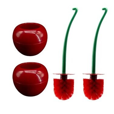 Cherry Toilet Bowl Brush Holder: 2 Set Cute Stand Bathroom Toilet Cleaner Brushes - Deep Cleaning Small Size Plastic Toilet Scrubber (Red)