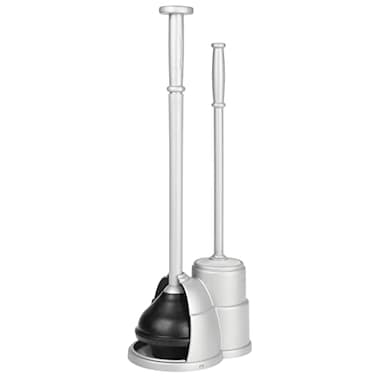 mDesign Plunger and Brush Set for Toilet Bowl - Hidden, Modern Toilet Brush and Plunger Set with Caddy - Brush Cleaner and Plunger Combo with Holder for Bathroom - Hyde Collection - Silver