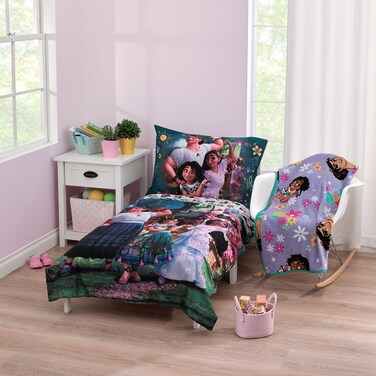 NoJo Disney Encanto Power Trio Purple and Teal 5 Piece Toddler Bedding and Blanket Bundle Set - Comforter, Fitted Bottom Sheet, Flat Top Sheet, Reversible Pillowcase and Blanket