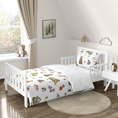 Sweet Jojo Designs Woodland Forest Animals Boy Girl Gender Neutral Toddler Bedding Set Kids 5p Bed in a Bag Comforter Blanket Pillowcase Sham Sheets Animal Friends Green Grey Brown Bear Fox Hedgehog