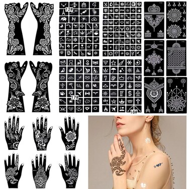 20 Sheets Henna Tattoo Stencils, Airbrush Glitter Tattoo Template Kit 191Pcs Arabian Temporary Tattoo Stickers for Women Girls Face Body Paint