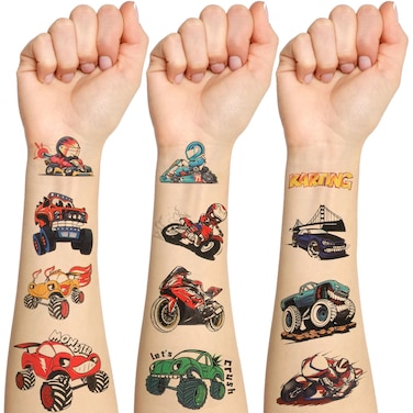 CCINEE 12 Sheets Monster Truck Temporary Tattoos for Kids,93 Pcs Luminous Groovy Racing Car Trophy Wheel Checkered Flag Tattoo Stickers for Birthday Party Supplies Classroom Rewards