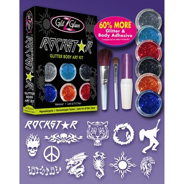 Glitter Tattoo Kit ROCKSTAR - HYPOALLERGENIC and DERMATOLOGIST TESTED! - with 6 Large Glitters &amp; 12 Stencils for Temporary Tattoos