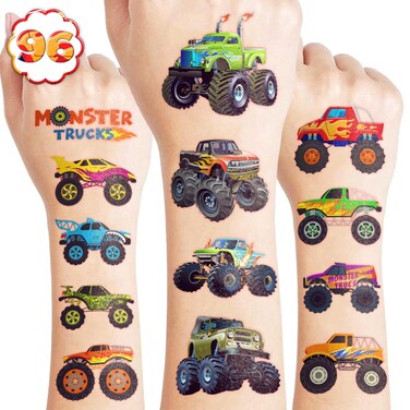 96PCS Monster Truck Temporary Tattoos for Kids - Super Cute Birthday Party Supplies, Favors, and Decorations - Fake Tattoos Stickers for Boys, School Rewards, and Gifts