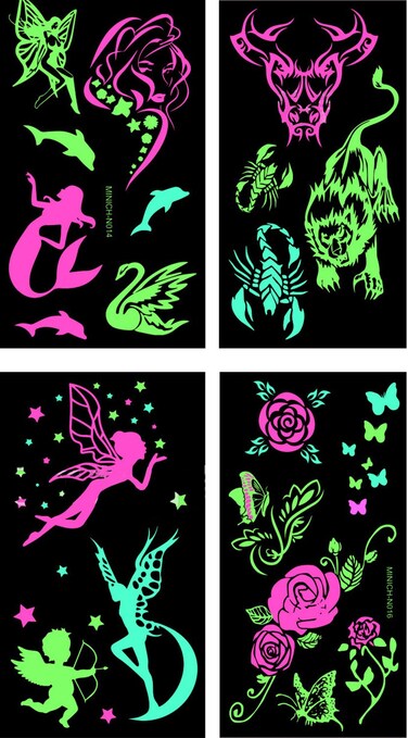 Premium Glow in the Dark Tattoos Glowing Temporary Tattoo Shimmer Gold Temporary Fake Jewelry Fluorescent Tattoos 4 Sheets