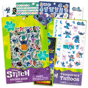 Classic Disney Lilo and Stitch Stickers and Temporary Tattoos Set - Party Favors Bundle with Over 300 Stitch Stickers and Tattoos Plus Door Hanger for Kids, Toddlers (Lilo and Stitch Party Supplies)