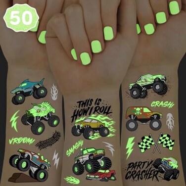 xo, Fetti Glow In The Dark Monster Truck Temporary Tattoos - 50 Foil Styles   Truck Birthday Party Decorations, Boys Pick Up Truck Party Favors, Race Car Temp Tats, Kids Arts and Crafts Supplies