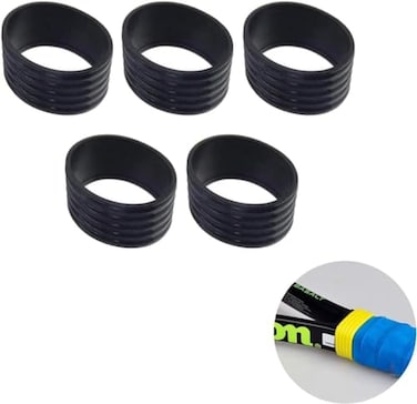 Sluswallow 5Pcs Black Tennis Racket Handle Rubber Ring Stretchy Tennis Racquet Band Overgrips, Tennis Racket Grips Racquet Accessories