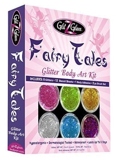 Fairy Tales Glitter Tattoo Kit with 6 Large Glitters &amp; 12 Amazing Stencils - HYPOALLERGENIC and DERMATOLOGIST TESTED! -Temporary Tattoos &amp; Body Art
