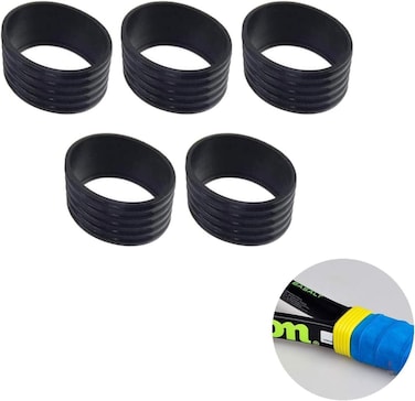 Junfamilee 5Pcs Black Tennis Racket Handle Rubber Ring Stretchy Tennis Racquet Band Overgrips, Tennis Racket Grips, Racquet Accessories