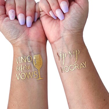 Vino Before Vows Engagement Bridal Shower Bachelorette Wine Winery Shiny Gold Temporary Tattoos // Tats4Now
