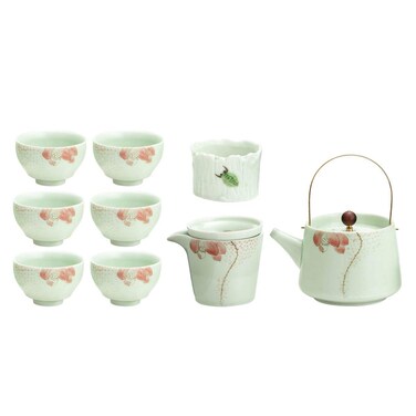 TJ Global Chinese/Japanese Mint Green Porcelain Tea Set, 100% Handmade Traditional Tea Ceremony Set with Teapots, 6 Teacups, Tea Strainer, and Gongdao Mug