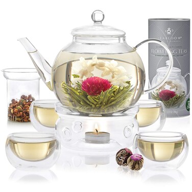 Teabloom Complete Tea Set &acirc;&euro;&ldquo; Glass Teapot (40 oz), Loose Tea Glass Infuser, 4 Insulated Glass Teacups, Tea Warmer, and 12 Flowering Teas &acirc;&euro;&ldquo; Elegant Blooming Tea Gift Set