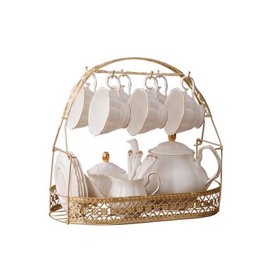 ufengke 15 Pieces Simple White English Ceramic Tea Sets,Tea Pot,Bone China Cups with Metal Holder Matching Spoons,Afternoon Tea Set Service Coffee Set