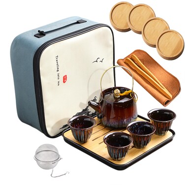 Chinese Kungfu Ceramic Tea Set,Portable Travel Tea Set Included Teapot,Teacups,Tea Tray and Travel Bag, Suitable for Travel, Home,Outdoor, Office and Picnic, Tea Sets as a gift for Women/Adults