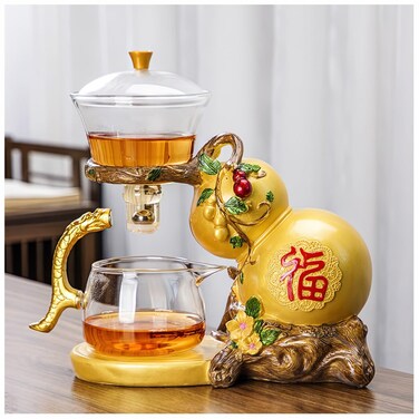 Lazy Kungfu Magnetic Tea Pot, Semi Automatic Glass Teapot, Lazy Kungfu Drip Teapot, Magnetic Attraction Water Rotating Cover Bowl Suitable for Home/Office Reception Tea Set