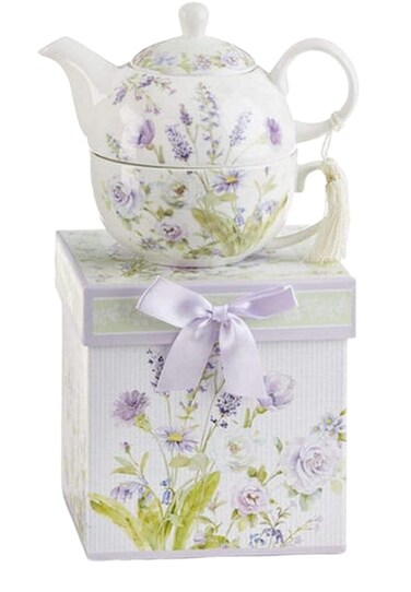Delton 5.8 Inch Porcelain Tea for One, Lavender Rose