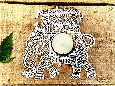 Wooden Block Stamp's Elephant Tea Light Candle Holder Stand Handmade Wooden Block Print Elephant Shaped Tlight for Deepawali Decoration Items Candle Holder Set Stand for Indoor Decor