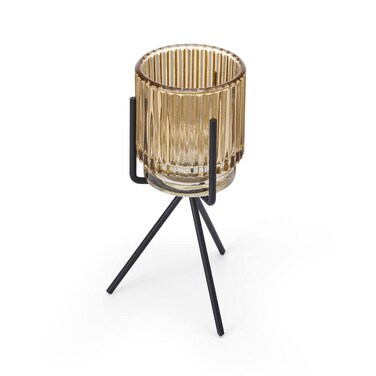 Elements 3.94x3.94x6.89 Inch Gold Glass and Black Metal Stand Candleholder, for Use with a Wax or Flameless Tealight Candle