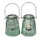 Modern Farmhouse Floating Tealight Holders, Set of 2, Rustic Iron Hardware, Sage Green Ribbed Lacquered Glass, 4.75 Inches (12 cm)
