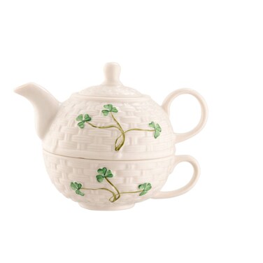 Belleek Shamrock Tea for One - Iconic Basketweave Pattern Tea Set with Teapot and Teacup