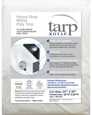 Kotap 24 x 30 Ft. Heavy-Duty Protection/Coverage Tarp, Superior Weave for Greater Longevity 8-mil, Multi-Use, Waterproof, White, 1-Pack (TRW-2430)