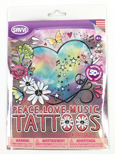 Savvi Peace Love Music 50+ Temporary Tattoo Pack