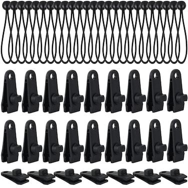 50 Pieces Tarp Clips and Ball Bungee Cords, Tarp Clips Clamps Heavy Duty Lock Grip with Tie Ball Cords Clamps for Tarp, Pool Cover, RV Awning Cover, Camping, Tent, Caravan Canopies and More