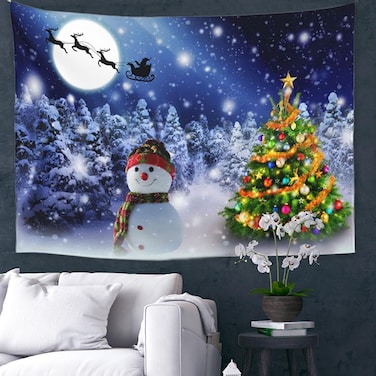 Merry Christmas Tree Tapestry,Wall Hanging Snowman Tapestry Background, Xmas New Year Winter Party Backdrop for Living Party Outdoor Winter Holiday, Birthday and Room Wall Decor (60X40" , Christmas