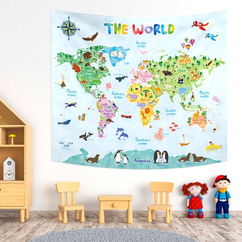 BASHOM TP-001 Animal World Map Tapestry Poster for Kids Educational learning Wall Hanging for Bedroom Living Room Nursery Dorm Home Decor 60&#39;&#39;x50&#39;&#39;(150x130cm)