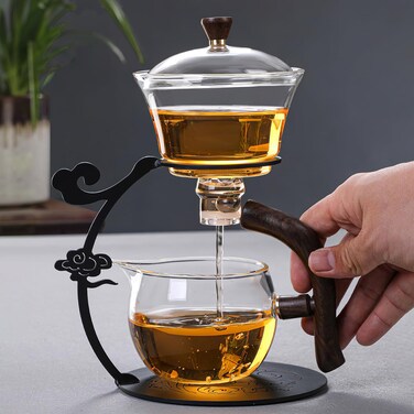 Lazy Kungfu Drip TeaPot, Heat Resistant Tea Set, Semi-Automatic Glass Teapot Suit for Magnetic Water Flow Wooden Glass Teapot Set (Metal handle+glass body)