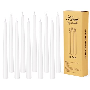 KONNI 10 Inch White Taper Candles, Unscented and Smokeless Tall Candlesticks, 10 Pack Tapered Candles with Cotton Wicks, Long Burning, Ideal for Weddings, Dinner Parties, and Home D&Atilde;&copy;cor