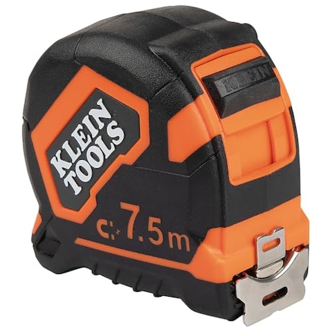 Klein Tools 9375 Tape Measure, Heavy-Duty Measuring Tape with 7.5 m Metric Double-Hook Double-Sided Nylon Reinforced Blade, Metal Belt Clip