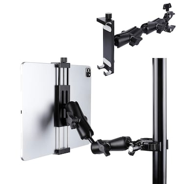 Aluminum Dual Arm Tablet Mount with Super Clamp for Rails 0.5'' to 2'' in Diameter, Side Mount Tablet Holder for Mic Stand, Compatible with iPad Pro 12.9 Air Mini, Galaxy Tab, 4.7-12.9" Tablets