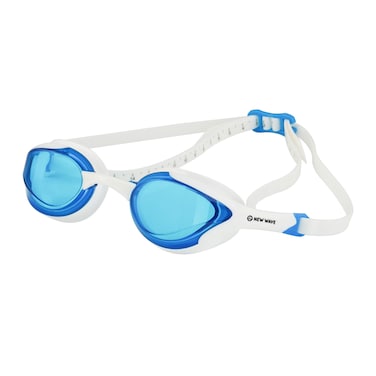 New Wave Swim Goggles with Protective Storage Case - Anti Fog Lenses, Four Nose Bridges for Triathlon &amp; Open Water Swimming (Blue Ice = Clear Blue Lens in White Frame)