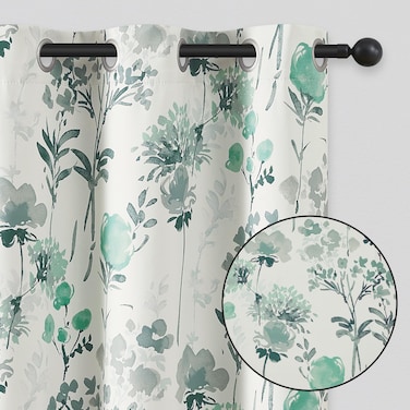 ugoutry 100% Blackout Grey/Green Flower Curtains 54 Inch Long, Bright Aqua Room Darkening Privacy Protect Drapes for Bedroom, Energy Saving Watercolor Floral Pattern Window Treatments 2 Panels 52" W