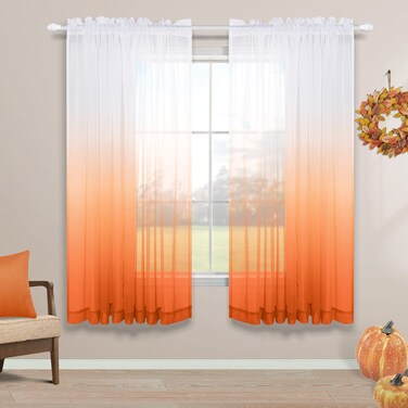 Fall Halloween Decorations Curtains for Living Room Home Decor Set 2 Panels Autumn Window Treatment Rod Pocket Voile Ombre Elegant Pattern Curtains for Bedroom Dining Kitchen Bathroom 63 Inch Length