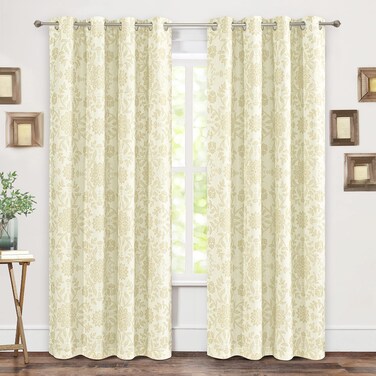 DriftAway Twyla Linen Blend Blackout Curtains for Bedroom Boho Floral Printed Linen Curtains Thermal Insulated Grommet Top Lined Window Treatments for Living Room 2 Panels W52 x L84 Ivory Beige
