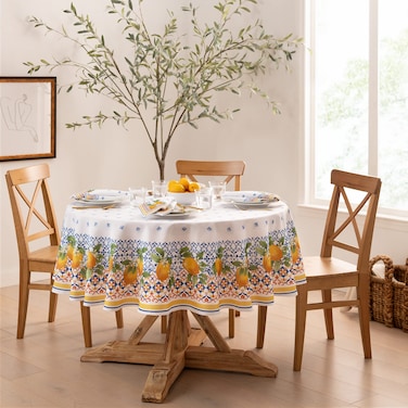 Elrene Home Fashions Capri Lemon Double-Bordered Mediterranean Spring/Summer Fabric Tablecloth, Round, 70 inches X 70 inches