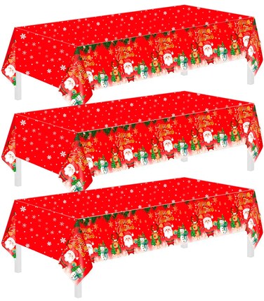 3 Pieces 54 x 108 Inches Merry Christmas Plastic Tablecloth, Disposable Rectangle Holiday Table Covers for Winter Party Supplies, Xmas Decorations, Family Dinner Table Cloth Festive Celebrations