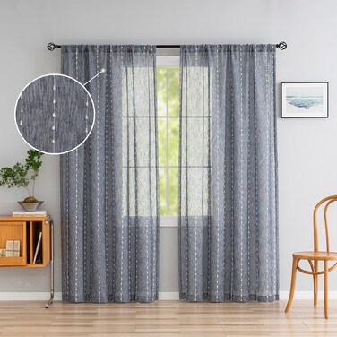 AUFENLLY Pom Pom Faux Linen Sheer Curtains 63 Inch Length 2 Panels Semi Sheer Curtains for Living Room Bedroom Rod Pocket Farmhouse Window Treatments 50 x 84 Inch, Navy