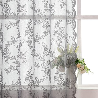 Grey Lace Curtains for Bedroom 84 Inches Long Elegant French Rose Embroidered Sheer Curtain Panels Durable Floral Lace Fabric Grommet Window Treatment Drapes for Living Room, 55" w 2 Panels