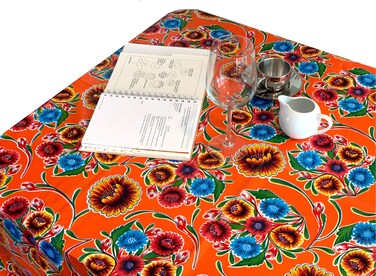 Alux Sweet Flower Oilcloth Tablecloth - Orange - Plastic Vinyl PVC - Mantel de Plastico (55x55in Square)